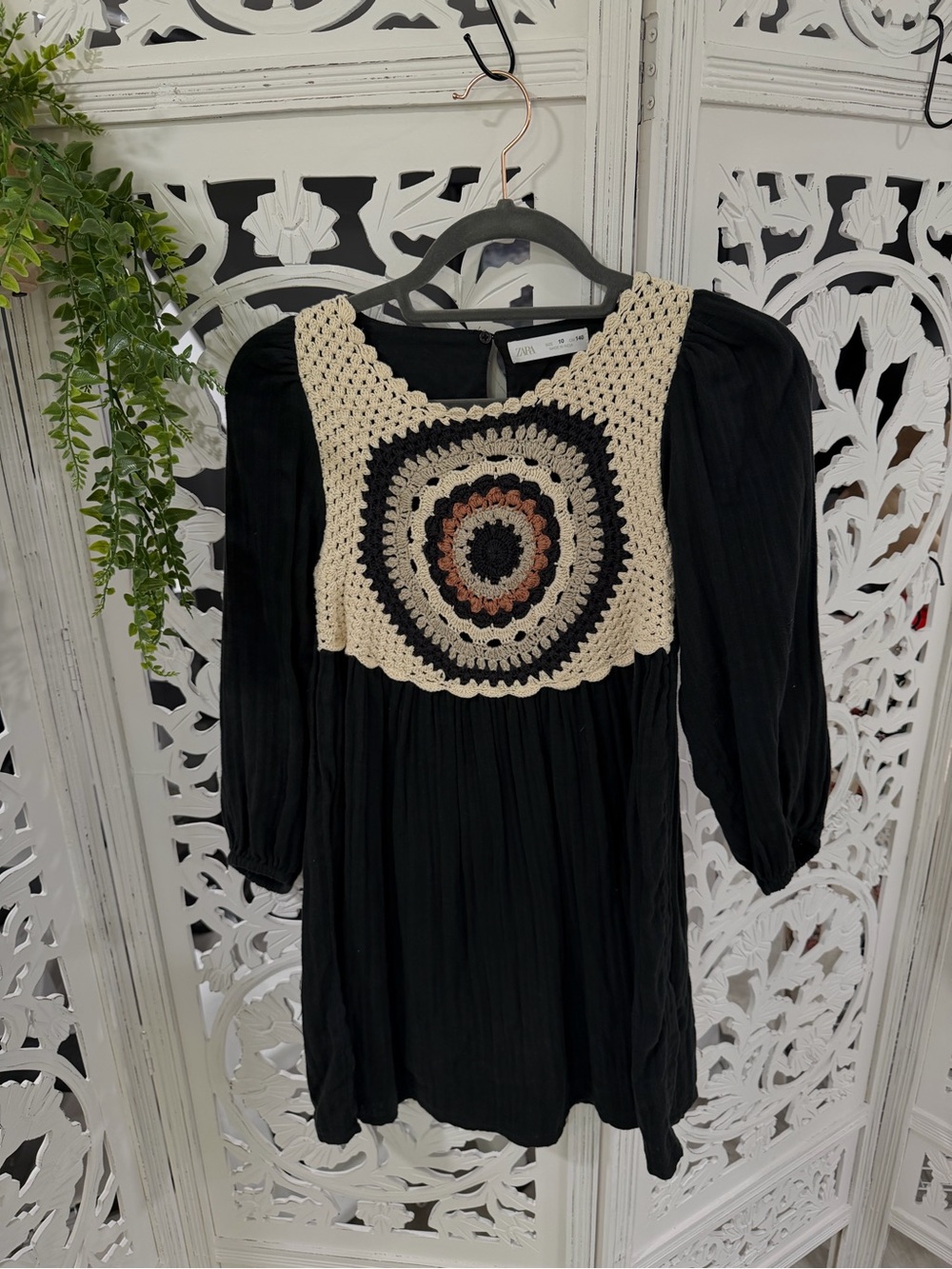 Zara Black girls dress size 10 with Cream Crochet Detail